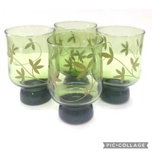 Vintage Avocado Green Glass Juice Glasses Set *4* Retro Style Vine Design 4.5&quot; H - £11.72 GBP