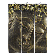 Golden Buddha Face Three-Panel Hand carved Wood Wall Art 8&quot;x10&quot; - £18.98 GBP