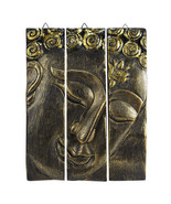 Golden Buddha Face Three-Panel Hand carved Wood Wall Art 8&quot;x10&quot; - £19.03 GBP