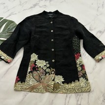 Citron Santa Monica Button Up Jacket Top Size S Black Green Floral Linen Silk - £37.91 GBP