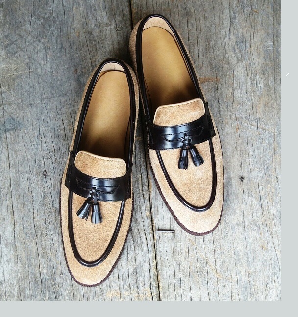Tassel Loafer Slip On Shoes Two Tone Beige Suede Black Premium Quality Leather