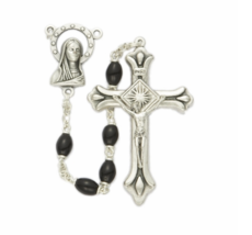 Polished Black Glass Beads And Madonna Rosary Crucifix Cross Center Necklace - £39.53 GBP