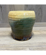 Art Deco Yellow / Green Ribbed Pottery Vase, From Madison, Indiana.  Signed - $23.33