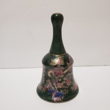 Vintage Ceramic Bell Flowers Birds Green Gold Trim Holiday Bell - £22.72 GBP