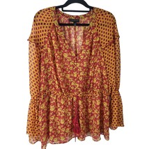 Lane Bryant Button Front Blouse 22/24 Womens Sheer Yellow Red V Neck Flounce Top - £14.34 GBP
