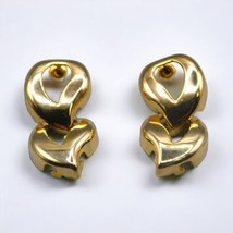 Double Heart Dangle Pierced Earrings Gold Tone Metal Vintage Style Women Fashion - £8.55 GBP