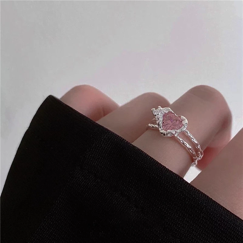 Play 2022 Kpop Pink Crystal LOVE Heart Open Ring For Women BFF Wedding Luxury Vi - £23.15 GBP