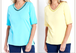 Quacker Factory Set of 2 V-Neck Sequin Embellished Tops- Turquoise/Yellow, XS - £19.95 GBP