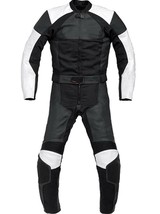 Men Black White Contrast Motorcycle Genuine Leather Pant Suit With Safety Pads - £234.95 GBP
