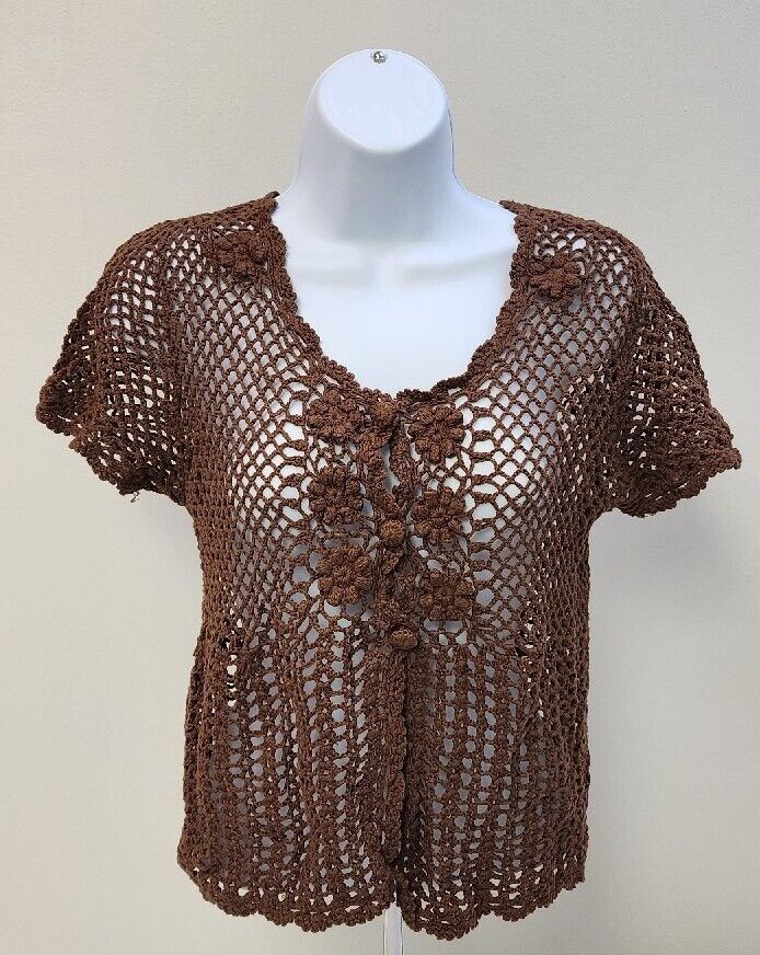 Primary image for BESTOW Women's Small Brown Cotton Crochet Cover Up Button Up Shirt Unique