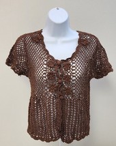 BESTOW Women&#39;s Small Brown Cotton Crochet Cover Up Button Up Shirt Unique - £7.43 GBP