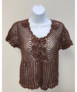 BESTOW Women&#39;s Small Brown Cotton Crochet Cover Up Button Up Shirt Unique - £7.46 GBP