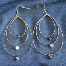Long Smoke &amp; White Glass Silver-tone Pierced Hoop Earrings 1990s vintage 3 1/4&quot; - £10.24 GBP