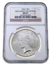 Dollar D'Argent Paix 1922 Noté Par NGC Comme MS-63 Collection McClaren ! - $142.74