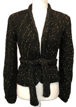 VTG Christine Albers Black Gold Flake Belted Waist Tie Knit Puff Sleeve Jacket S - £22.94 GBP