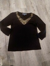 Karen Scott Black Long Sleeve Silver Beaded Trim V-Neck Blouse M - $54.89 MXN