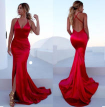 Sexy Mermaid Long Satin Prom Dress Halter Neck Women Evening Dress - $119.00