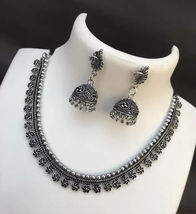 Bollywood Ethnic Necklace Jhumka Earring Indian Jewelry Silver Oxidized Set - £15.41 GBP