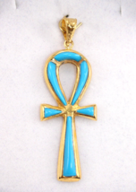 Egyptian Ankh Cross Key of Life Turquoise 18K Yellow Gold Pendant 4.5Gr - £400.61 GBP