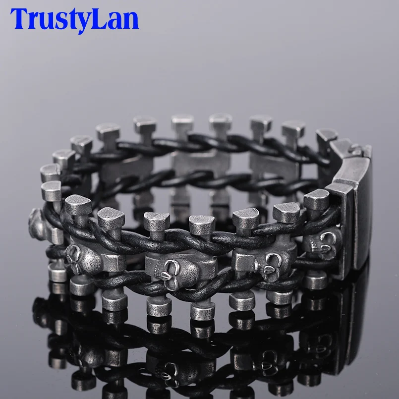 Steampunk Stainless Steel Skull Man Bracelet Hand Bands For Men Punk Rock Mens L - £29.56 GBP