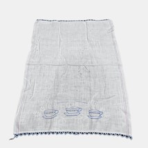 Vintage Linen Embroidered Kitchen Towel Tea Party Coffee Cups Blue Steam... - £14.81 GBP