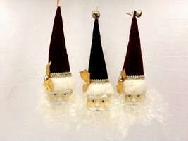 3 Porcelain Santa Ornaments, Felt Hats w/Bells ~ 2 Maroon/1 Dark Green, #SNTA-06 - £23.08 GBP