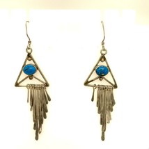 Vintage Signed Sterling Native American Turquoise Triangle Dangle Hook Earrings - £51.59 GBP