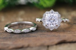 3CT Cushion Cut vintage Engagement Ring Set,14k White Gold Art Deco Bridal Ring - £175.61 GBP