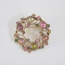 Monet Brooch Rhinestone Wreath Vintage Goldtone Pin Multi Color Stones - $29.67