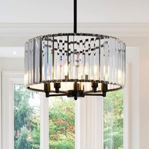 Farmhouse Drum Crystal Chandeliers, 5-Light Black Modern Round Ceiling Hanging - £135.01 GBP