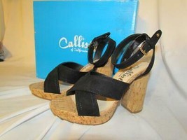 NIB Callisto Black Suede Cork Ankle Strap Open Toe Sandal Wallis 060M - $21.84