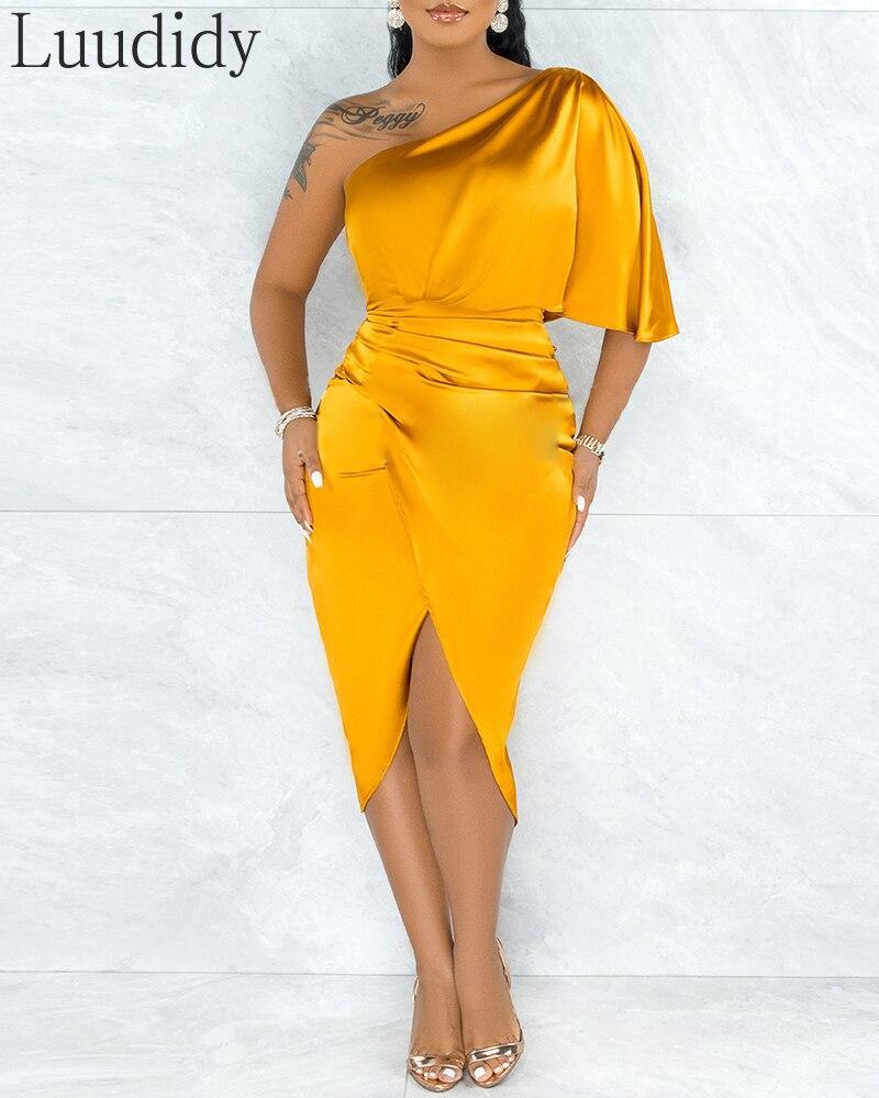 Summer Women One Shoulder Satin Ruched Party Dress
