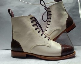 Handmade Men High Ankle White &amp; Brown Color Cap Toe Lace Up Boot For Men  - £119.89 GBP