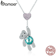 100% 925 Silver Pink CZ Heart And Cute Animal Pendant Necklaces for Women Silver - £24.64 GBP