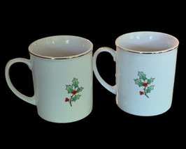 Vintage Fine Porcelain Christmas Mugs Gold Rim Tree &amp; Holly Japan Lot Of 2 - £11.82 GBP