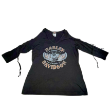 Harley-Davidson Womens Top Black Open Shoulder Lattice Tie Sleeves Shirt... - $19.99