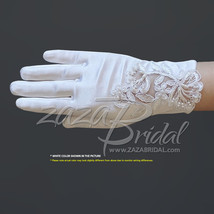 Girl&#39;s Satin Gloves with Floral Embroidery Lace &amp; Pearls - $18.99