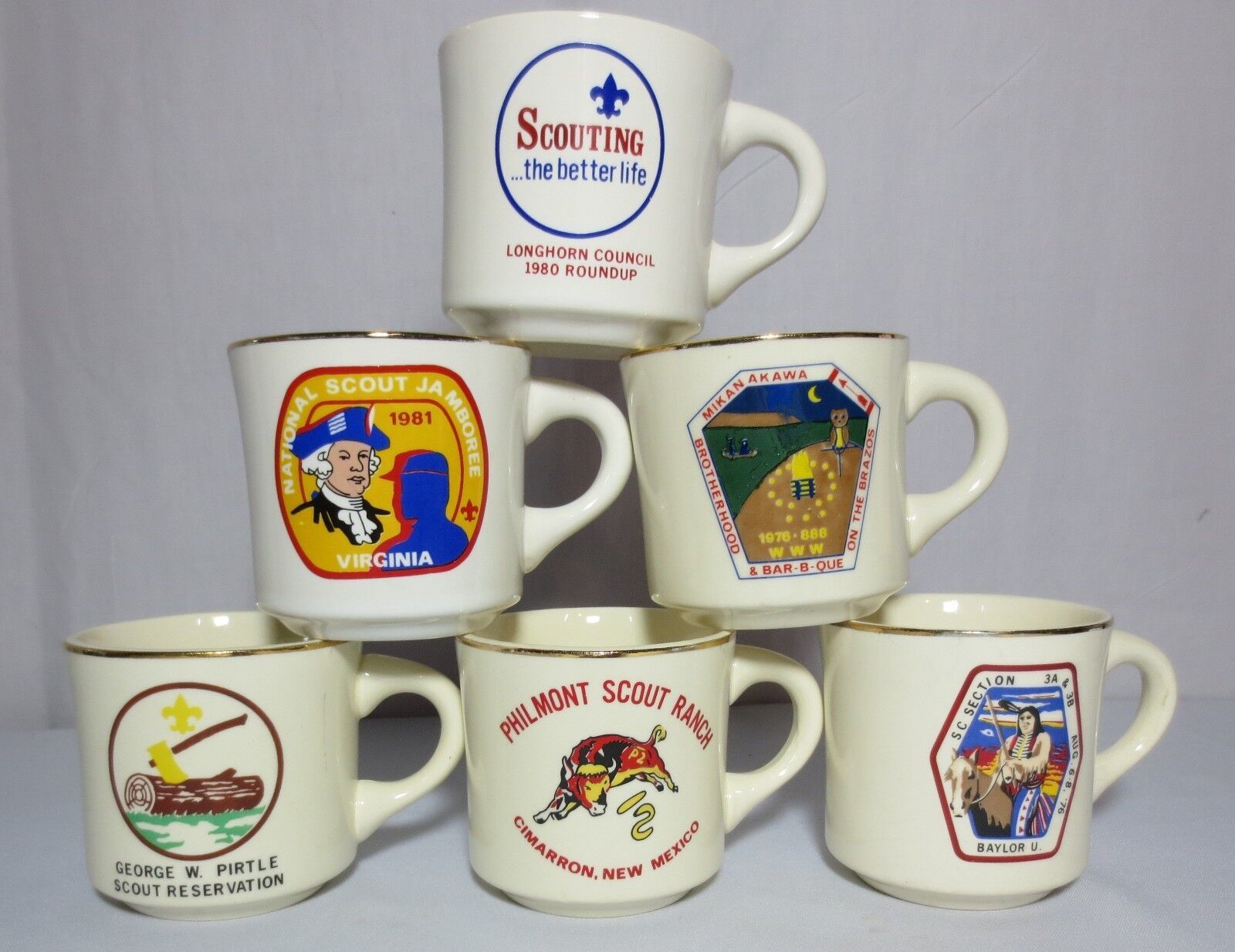 Primary image for Boy Scout BSA Mugs Cups Philmont Pirtle Jamboree Lot of 6 USA Vintage Gold Rim
