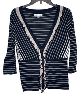 Cabi Women&#39;s Cardigan Sweater Vintage 3/4 Ruffled Button Striped Cotton Small - £15.76 GBP