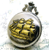 Pocket Watch Silver Color for Men 47 MM Ship Design Arabic Nrs on Fob Ch... - £16.12 GBP