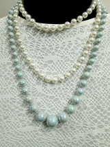 Lot of 2 Pearly Plastic Round Bead Necklaces White &amp; Irridescent Blue Strands - £8.84 GBP