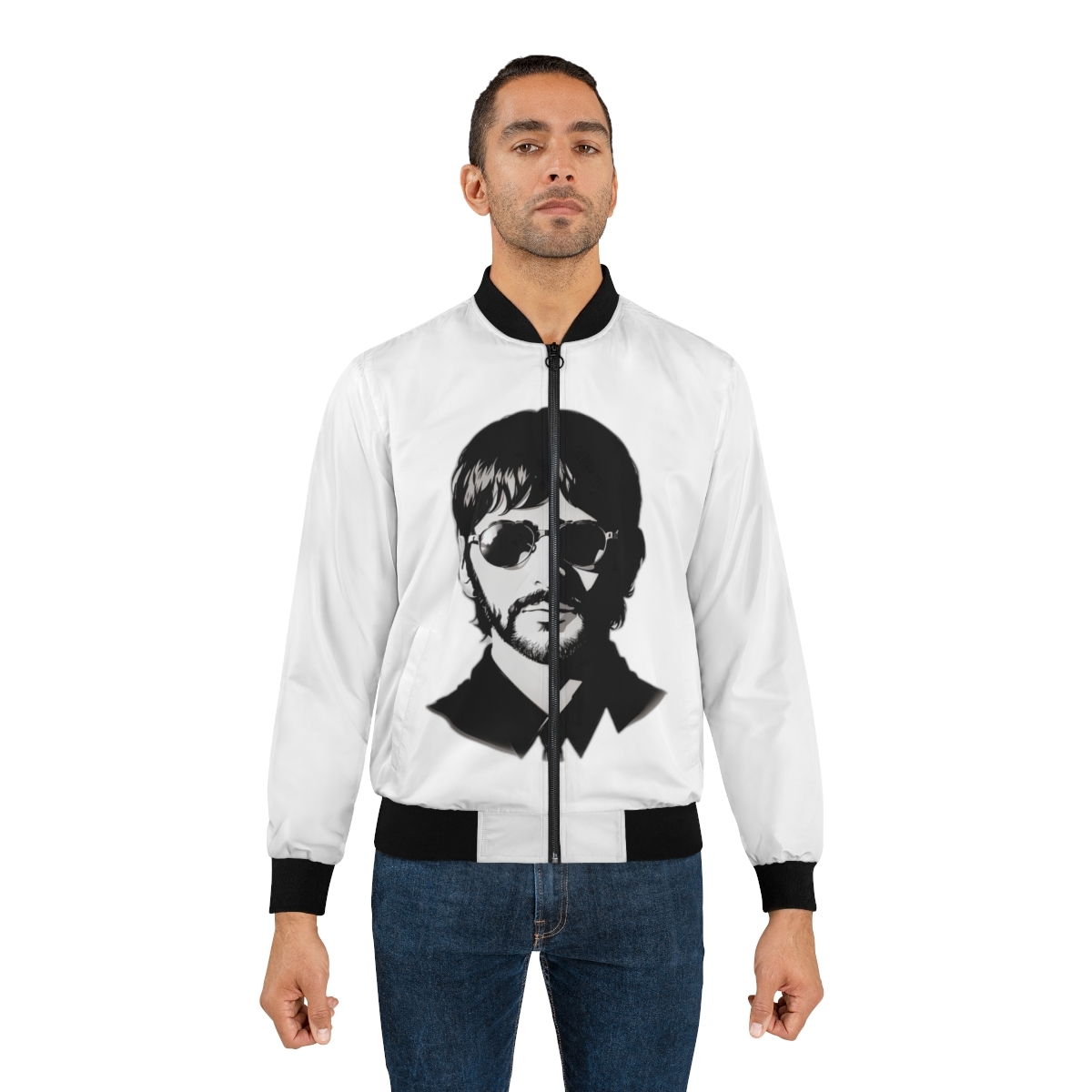 Ringo Starr Bomber Jacket Men's All-Over-Print Ringo Illustration Black White Ja - $85.49 - $95.79