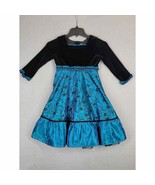 Jona Michelle Girls Dress Size 5 Black Velvet Teal Flowers Holiday Party... - £14.77 GBP