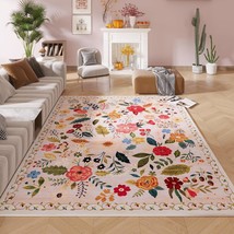 Living Room Rug 6X9 Rug Machine Washable Boho Area Rug Non Slip Floral, Beige - £126.34 GBP