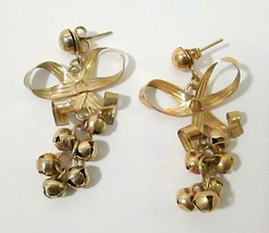 Vintage Christmas Jingle Bells &amp;Bow Bow Gold Tone Drop Dangle Earrings - £9.53 GBP