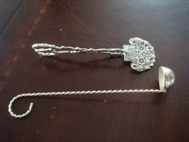Silverplate servers, long spoon and tweezers engraving with flowers[8] - $46.52