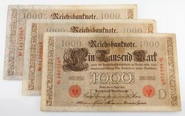 Lotto Di 3 1910 - 1918 Tedesco 1000 Deutchmark Banconote Rosso Seal F-Vf... - $48.79