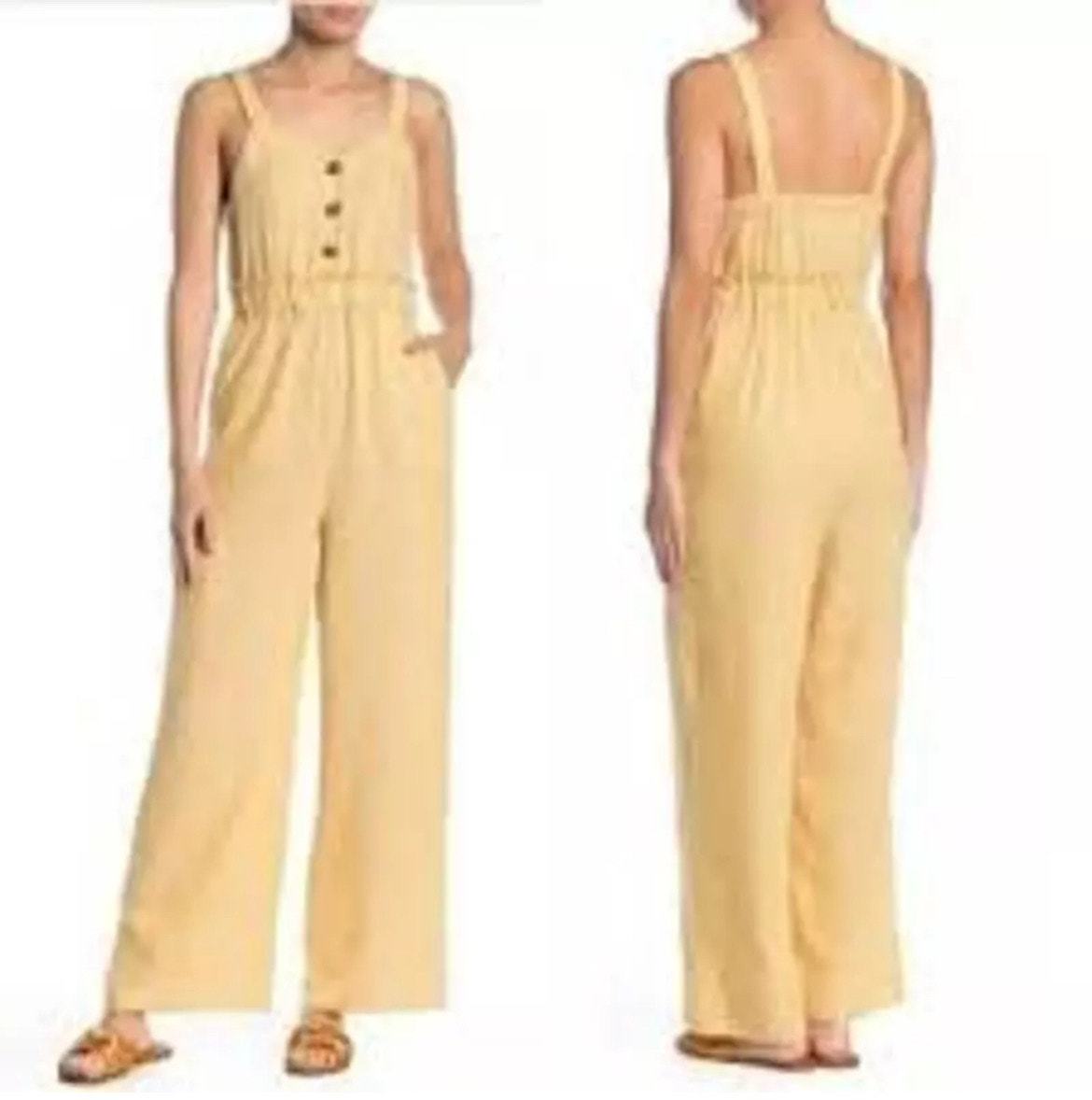 Primary image for Romeo + Juliet Couture Jumpsuit Yellow White Stripes Small Linen Blend Pockets