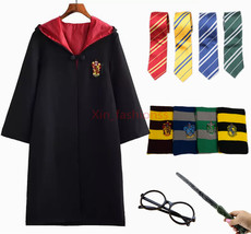 Adult Kids Harri Potter Robe With Cloak+Tie+Scarf +Glasses+Wand 5pcs Set... - £21.17 GBP