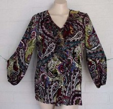 Chico&#39;s 1 Medium Burgundy Sublime Paisley Ruffle V Neck Pullover Stretch Top - £14.80 GBP